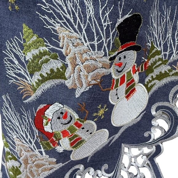 Christmas Tablecloth Holiday Snowmen Blue 32" Square Topper Embroidered - Picture 5 of 9